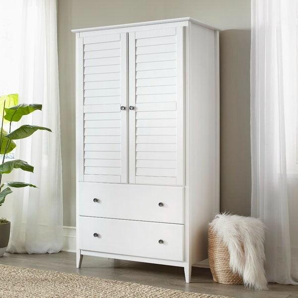 FarmHome Louvered Distressed White Solid Pine Armoire - PRHOMZ