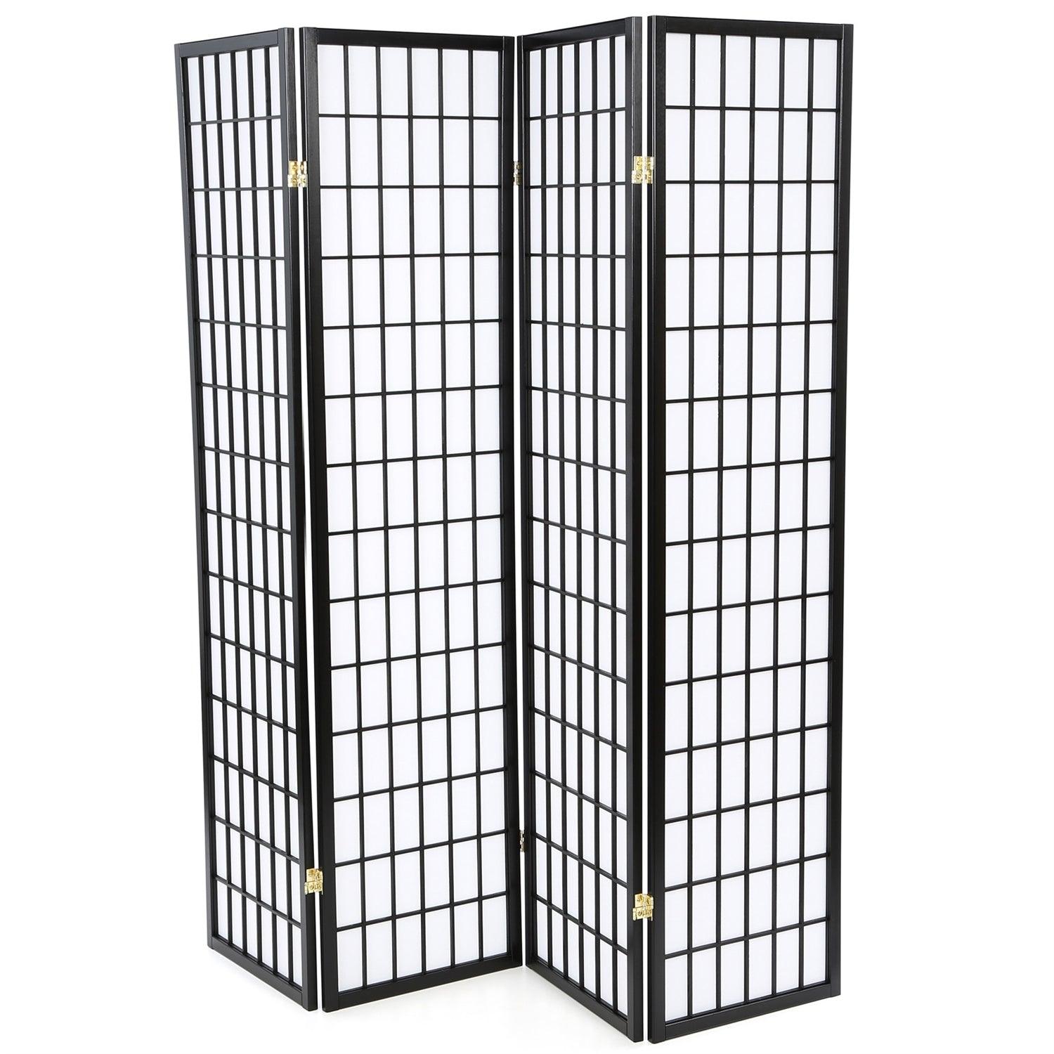 Black 4-Panel Asian Style Shoji Room Divider Screen - PRHOMZ