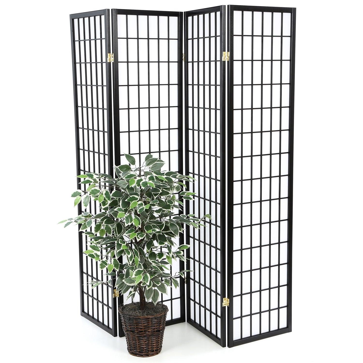 Black 4-Panel Asian Style Shoji Room Divider Screen - PRHOMZ
