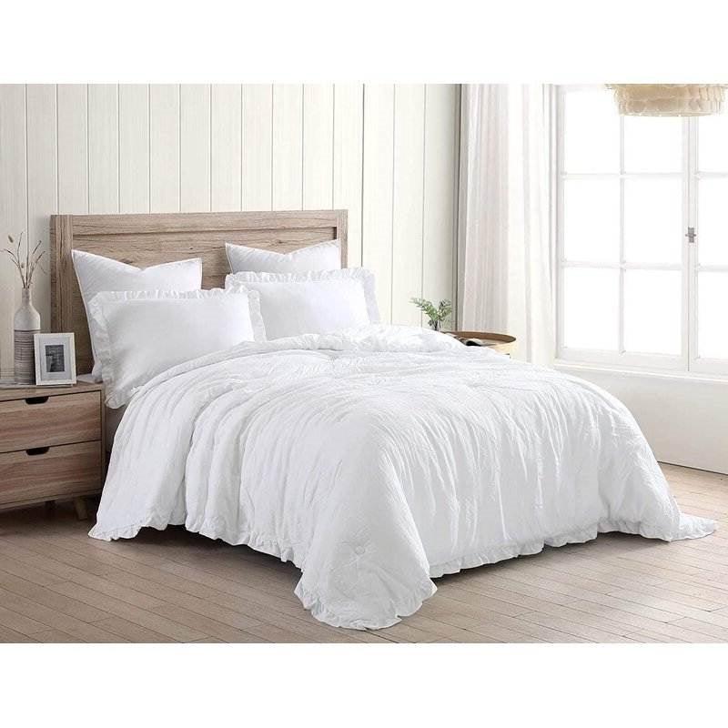 King Size White Ruffled Edge Microfiber Comforter Set - PRHOMZ