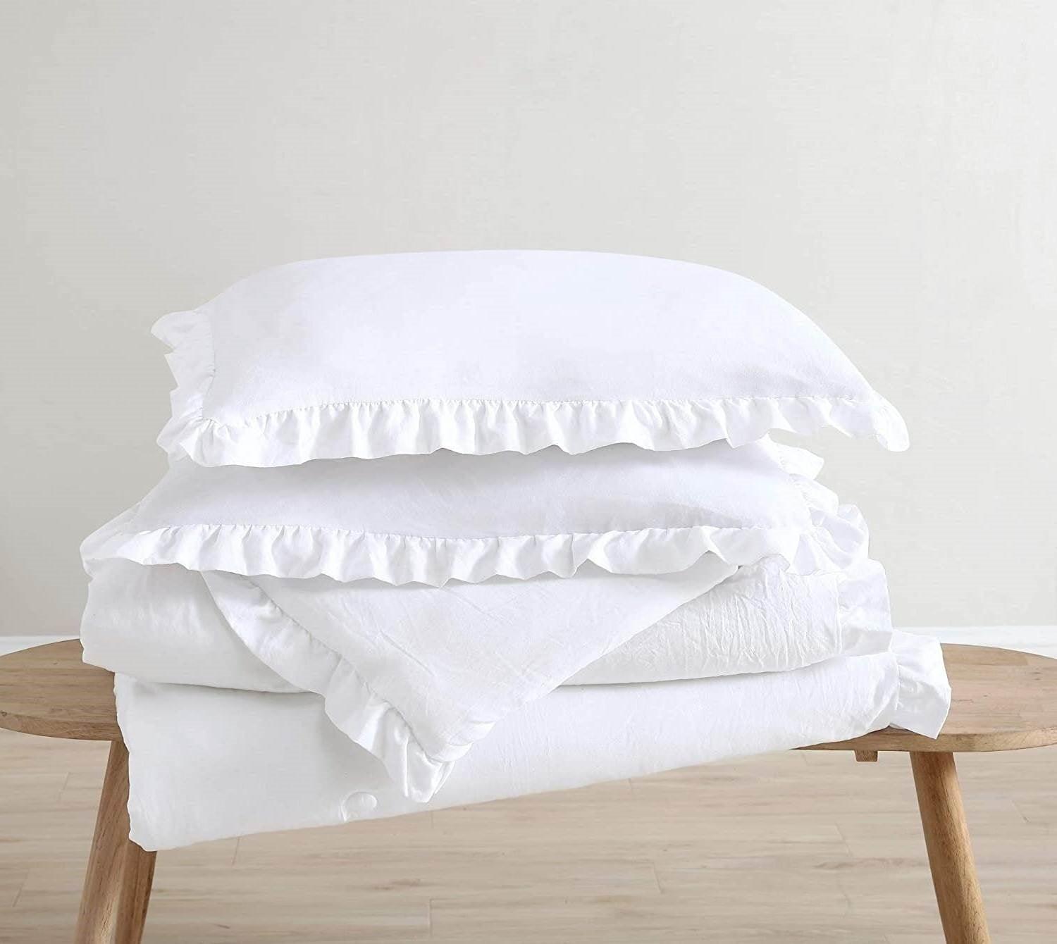 King Size White Ruffled Edge Microfiber Comforter Set - PRHOMZ