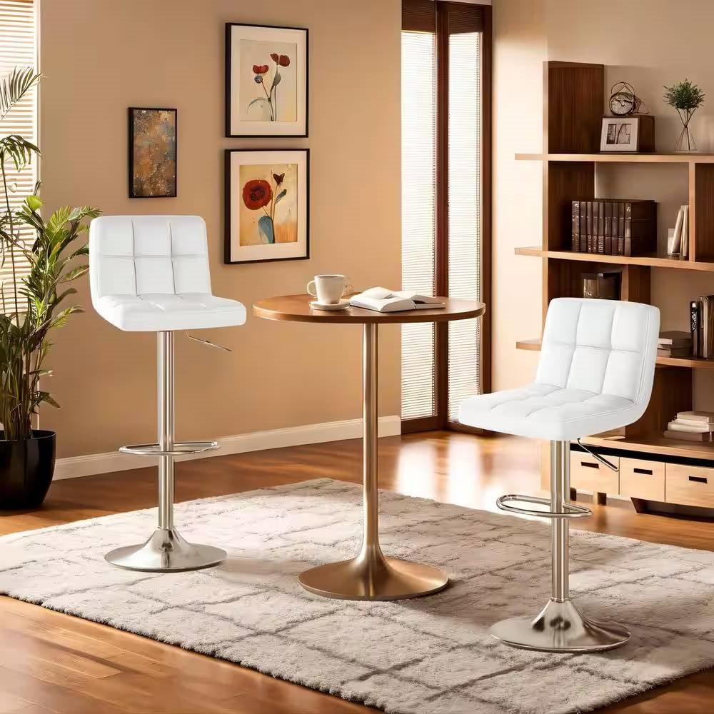 Set of 2- White Faux Leather Barstool with Low Back Swivel Seat - PRHOMZ