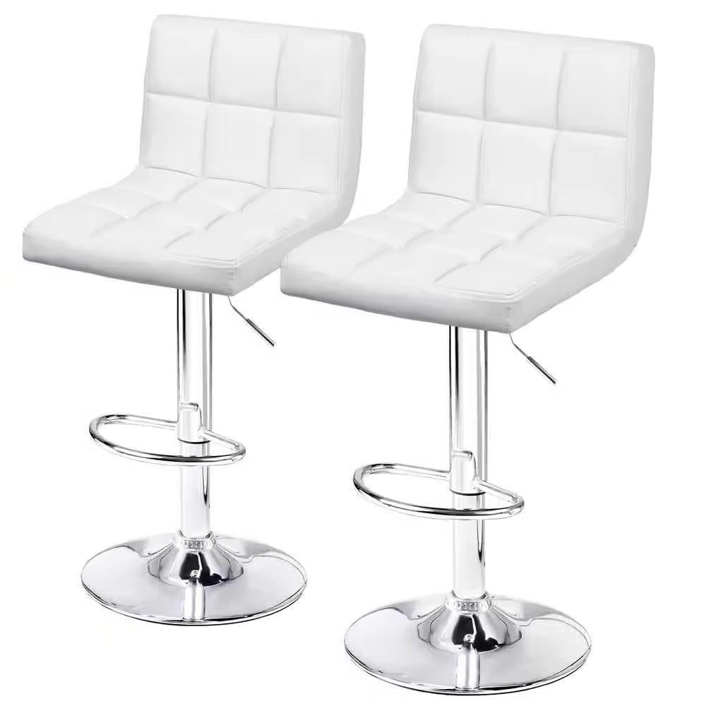 Set of 2- White Faux Leather Barstool with Low Back Swivel Seat - PRHOMZ