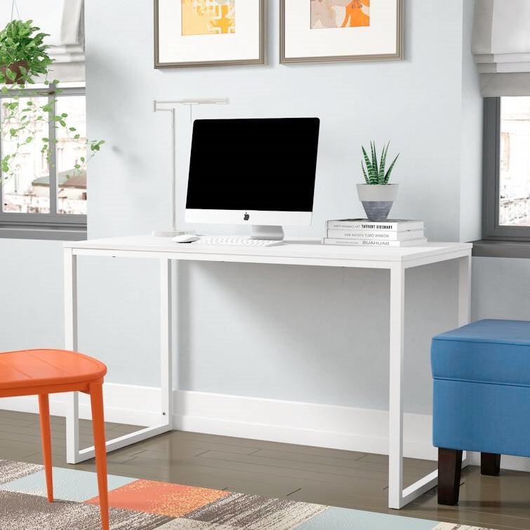 Modern Home Office Desk with White Metal Frame and Wood Top - PRHOMZ