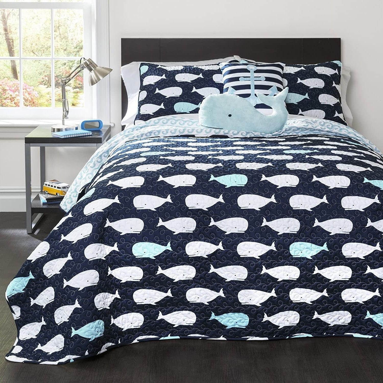 Full/Queen 5 Piece Bed In A Bag Navy Teal Microfiber Waves Whales Quilt Set - PRHOMZ