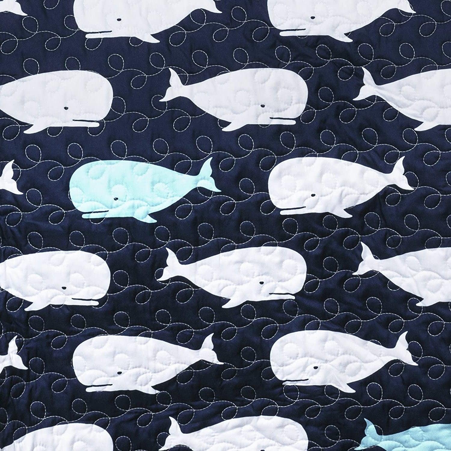Full/Queen 5 Piece Bed In A Bag Navy Teal Microfiber Waves Whales Quilt Set - PRHOMZ