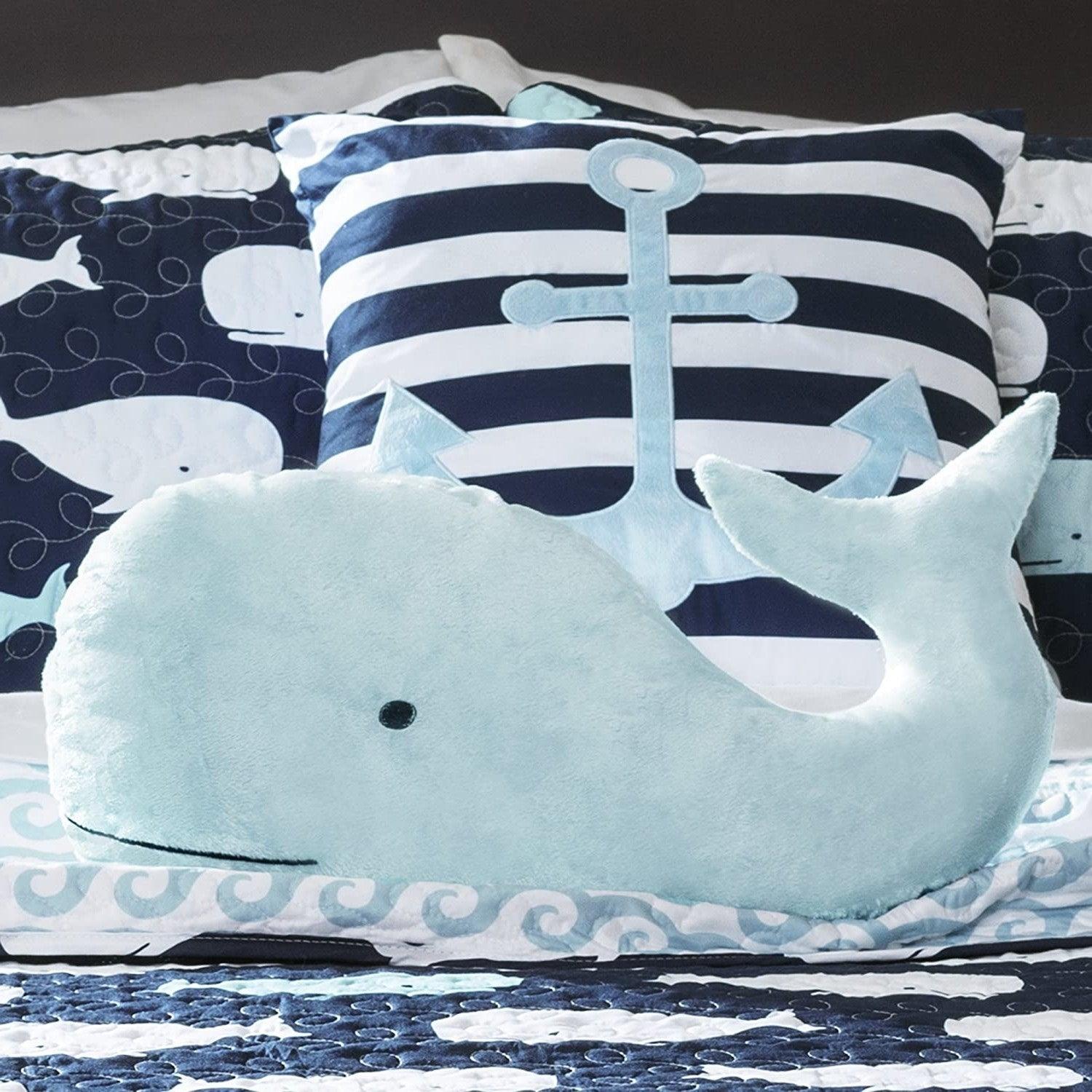 Full/Queen 5 Piece Bed In A Bag Navy Teal Microfiber Waves Whales Quilt Set - PRHOMZ