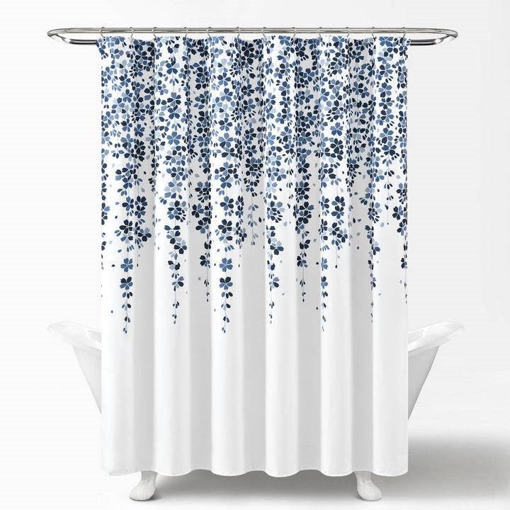 72-inch White Navy and Light Blue Floral Vines and Flowers Shower Curtain - PRHOMZ