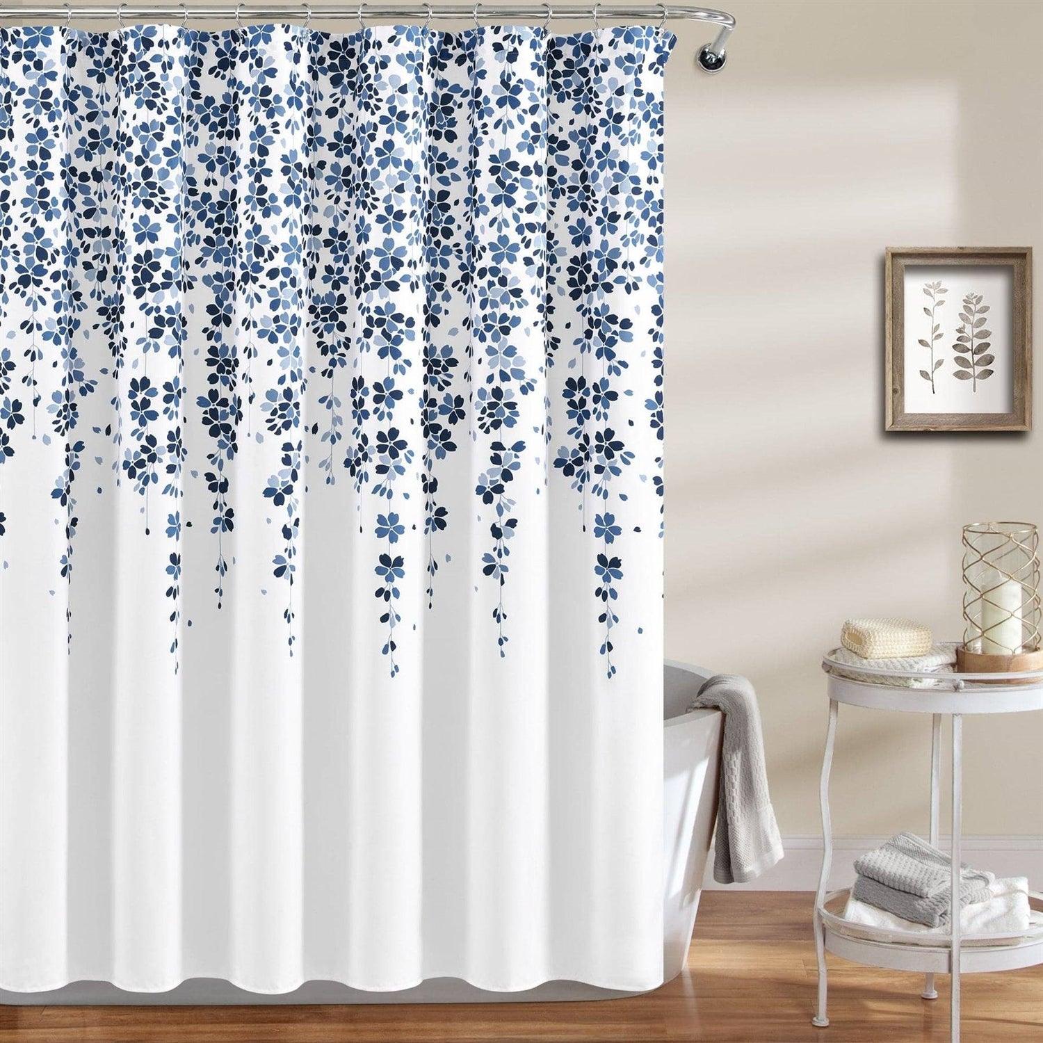 72-inch White Navy and Light Blue Floral Vines and Flowers Shower Curtain - PRHOMZ