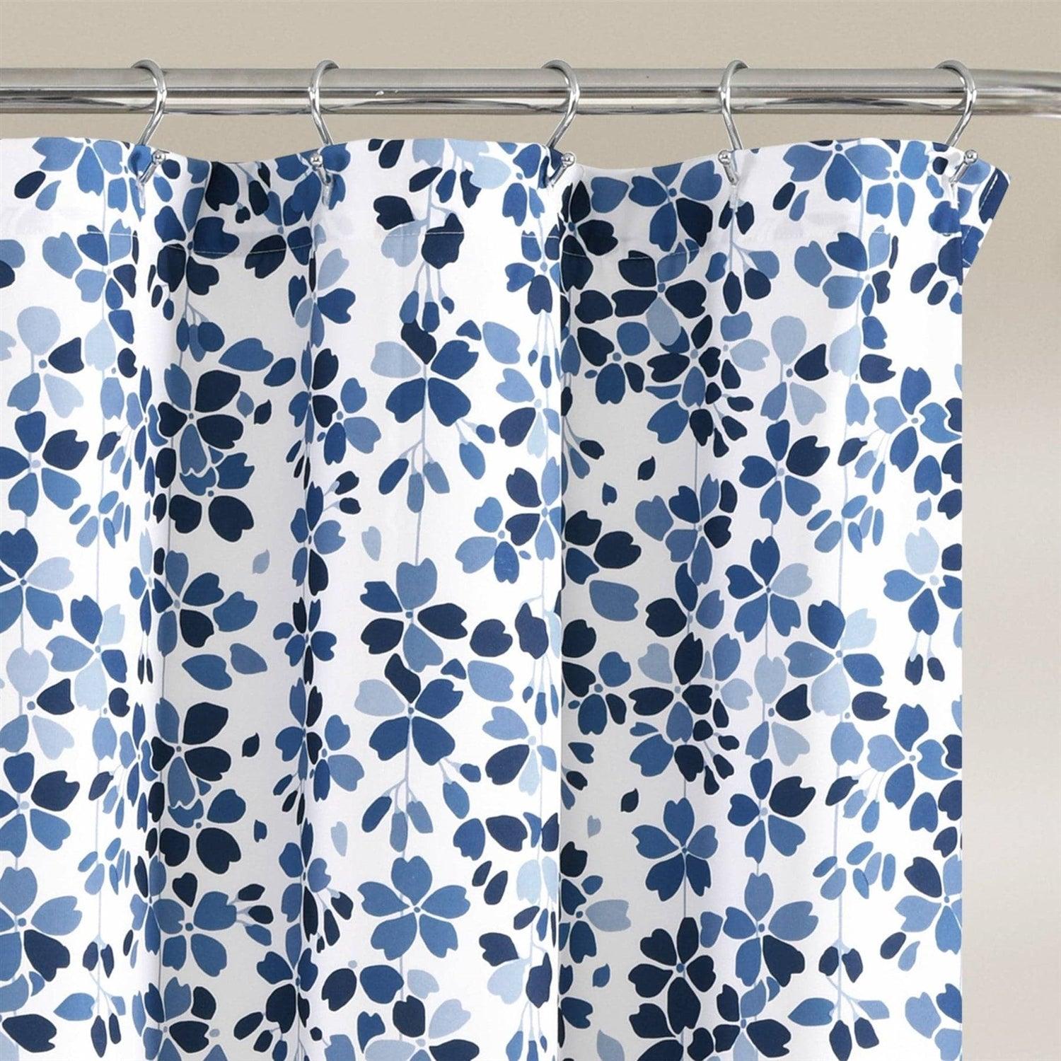 72-inch White Navy and Light Blue Floral Vines and Flowers Shower Curtain - PRHOMZ