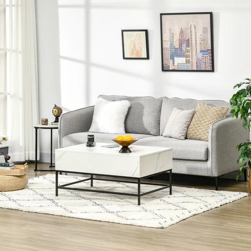 Modern White Lift Top Coffee Table w/ Hidden Storage Black Metal Legs - PRHOMZ