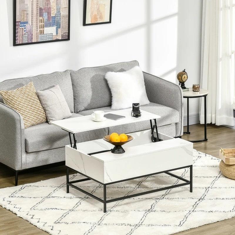 Modern White Lift Top Coffee Table w/ Hidden Storage Black Metal Legs - PRHOMZ