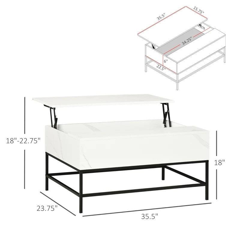 Modern White Lift Top Coffee Table w/ Hidden Storage Black Metal Legs - PRHOMZ