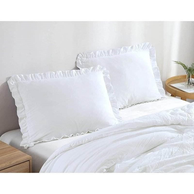 Queen Size White Ruffled Edge Microfiber Comforter Set - PRHOMZ