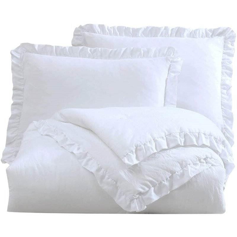 Queen Size White Ruffled Edge Microfiber Comforter Set - PRHOMZ