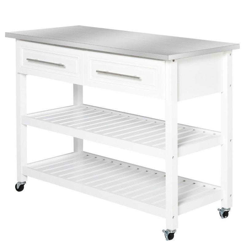 White Rolling Kitchen Island 2 Drawers Storage with Stainless Steel Top - PRHOMZ