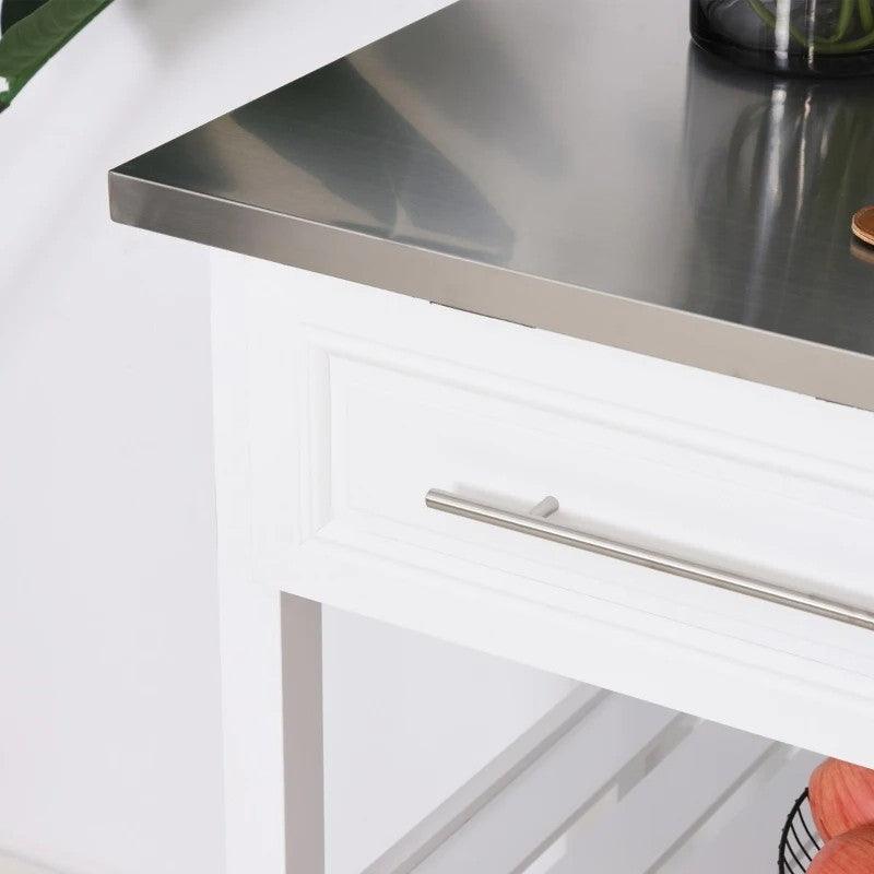 White Rolling Kitchen Island 2 Drawers Storage with Stainless Steel Top - PRHOMZ