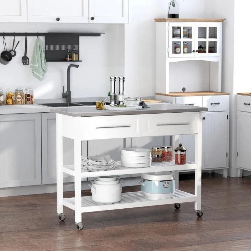 White Rolling Kitchen Island 2 Drawers Storage with Stainless Steel Top - PRHOMZ