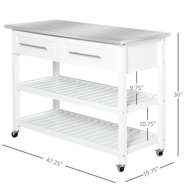 White Rolling Kitchen Island 2 Drawers Storage with Stainless Steel Top - PRHOMZ