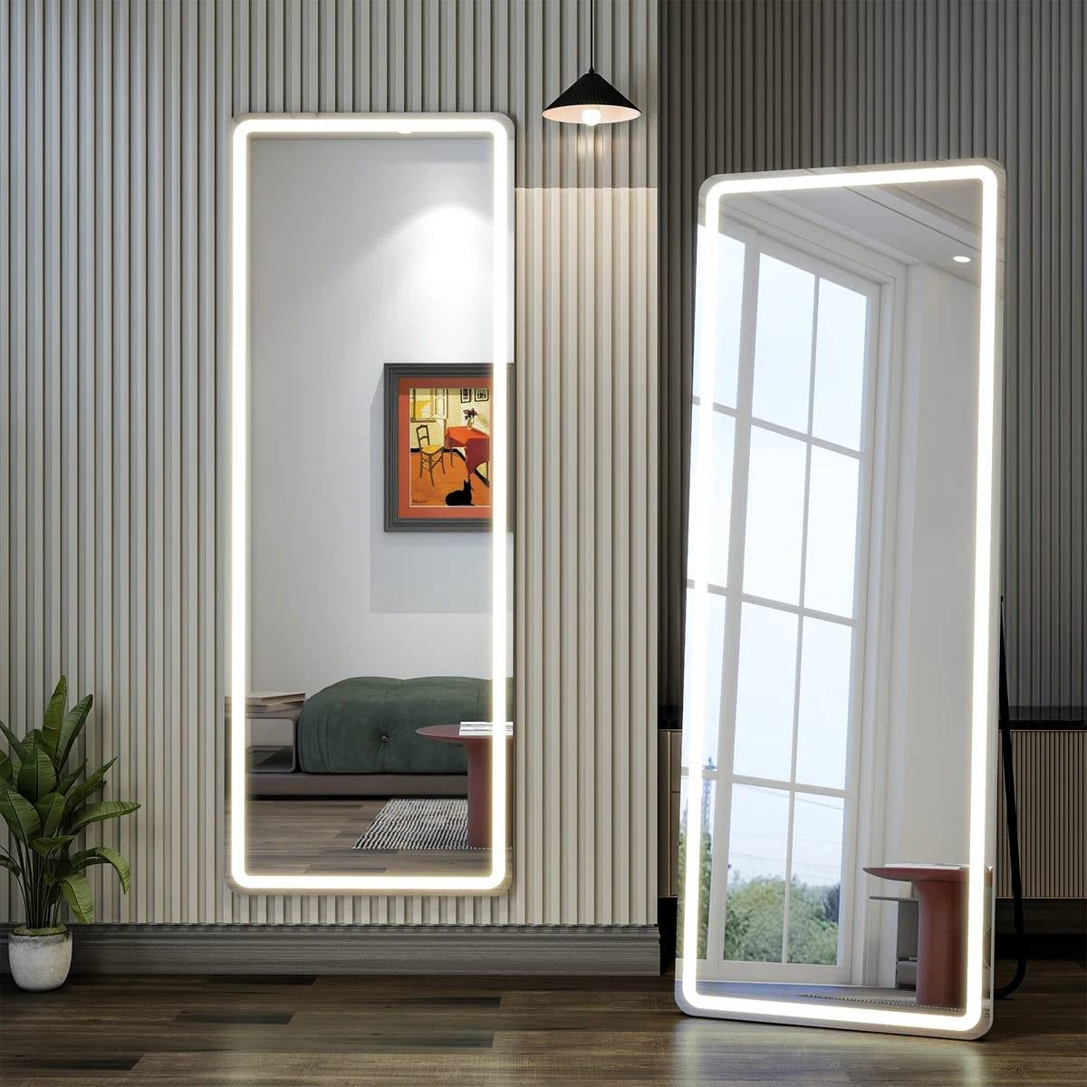 White 64-inch Full Length Floor Mirror with Stand and LED Light Strip-1