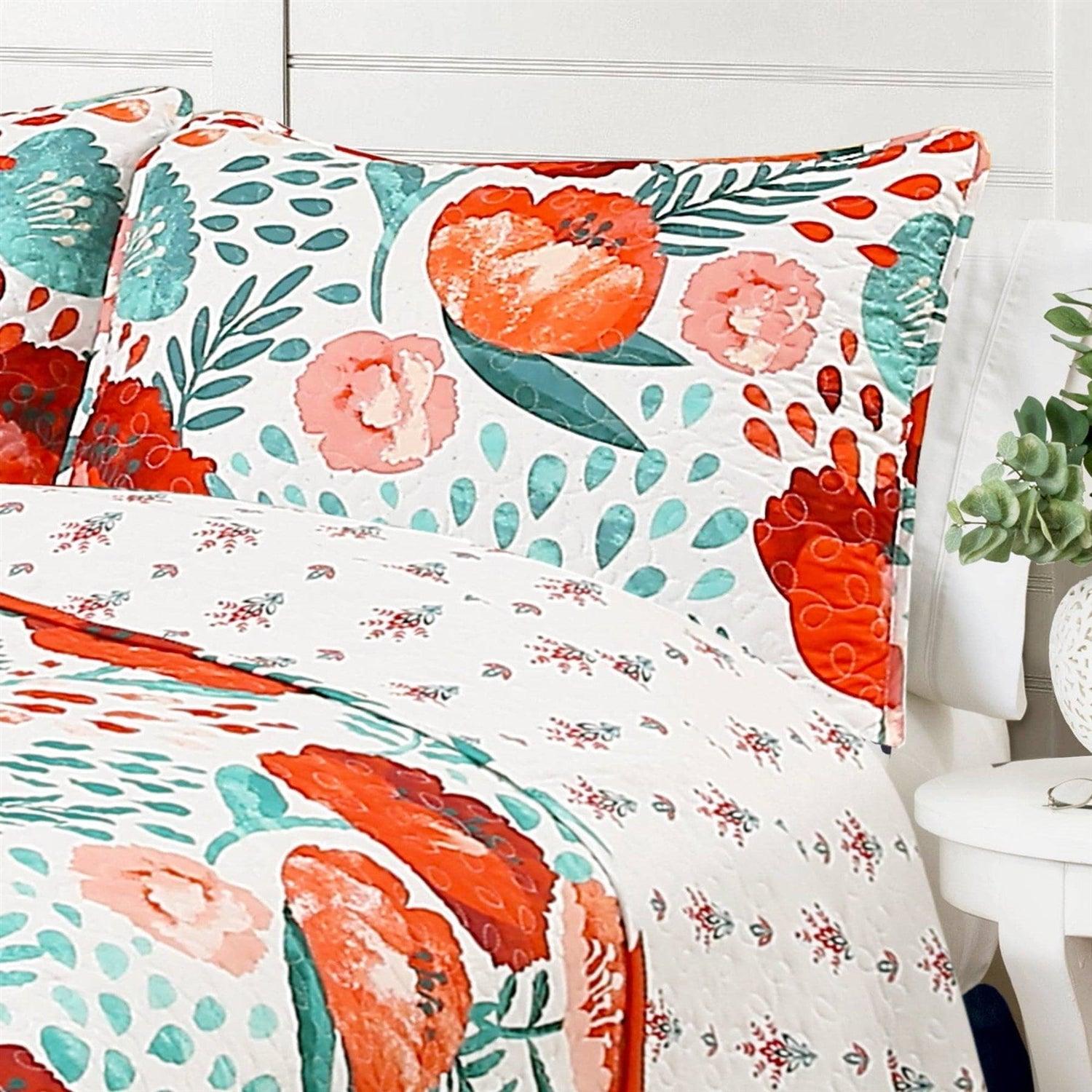 Full/Queen Red Poppy Flower White Teal Lightweight 3 Piece Cotton Quilt Set - PRHOMZ