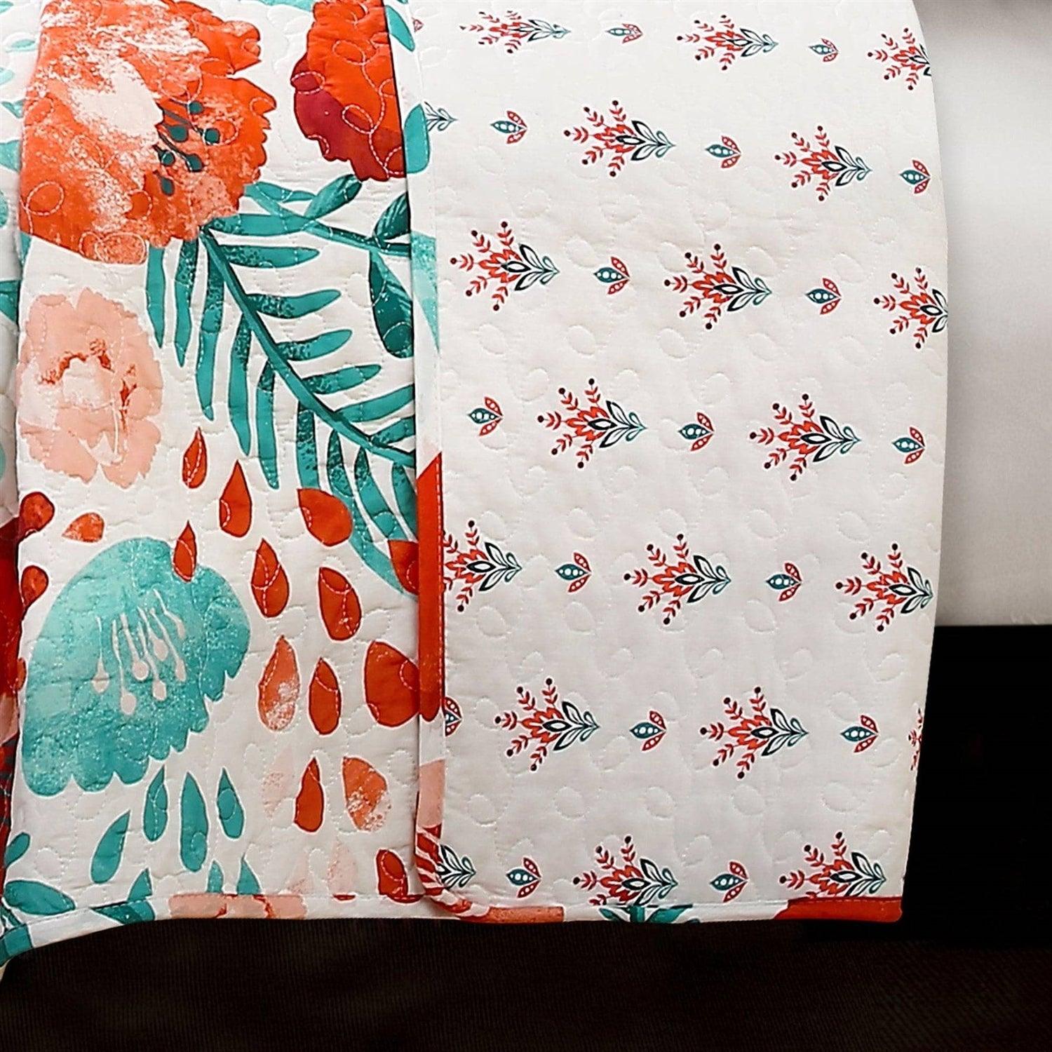 Full/Queen Red Poppy Flower White Teal Lightweight 3 Piece Cotton Quilt Set - PRHOMZ