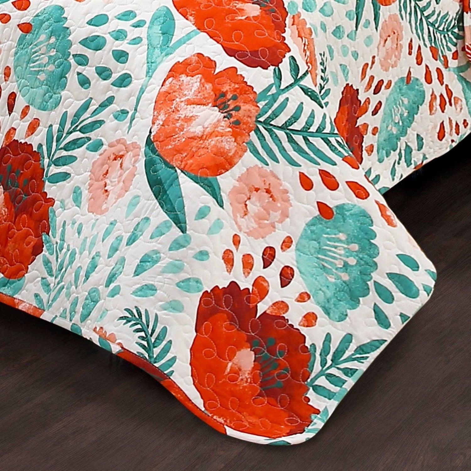 Full/Queen Red Poppy Flower White Teal Lightweight 3 Piece Cotton Quilt Set - PRHOMZ