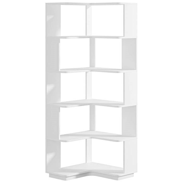 Multifunctional 6 Shelf Corner L-Shaped Bookcase in White Wood Finish-0