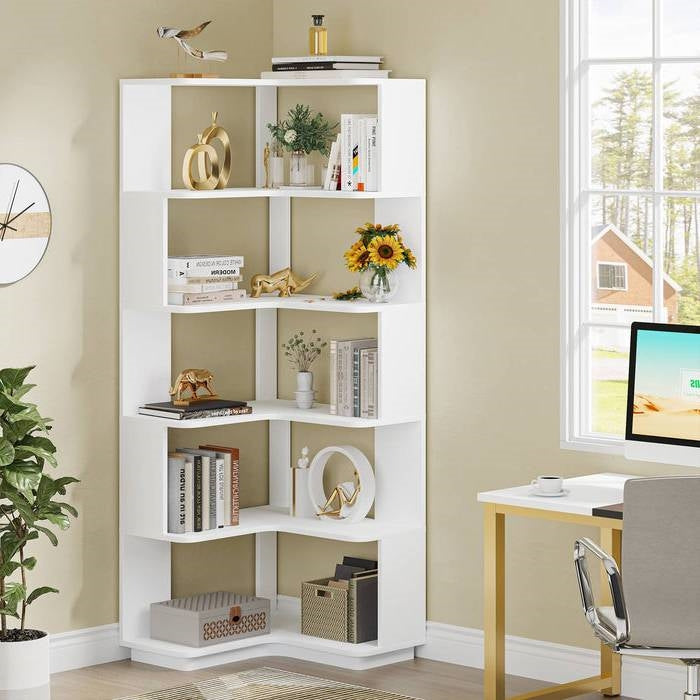 Multifunctional 6 Shelf Corner L-Shaped Bookcase in White Wood Finish-1