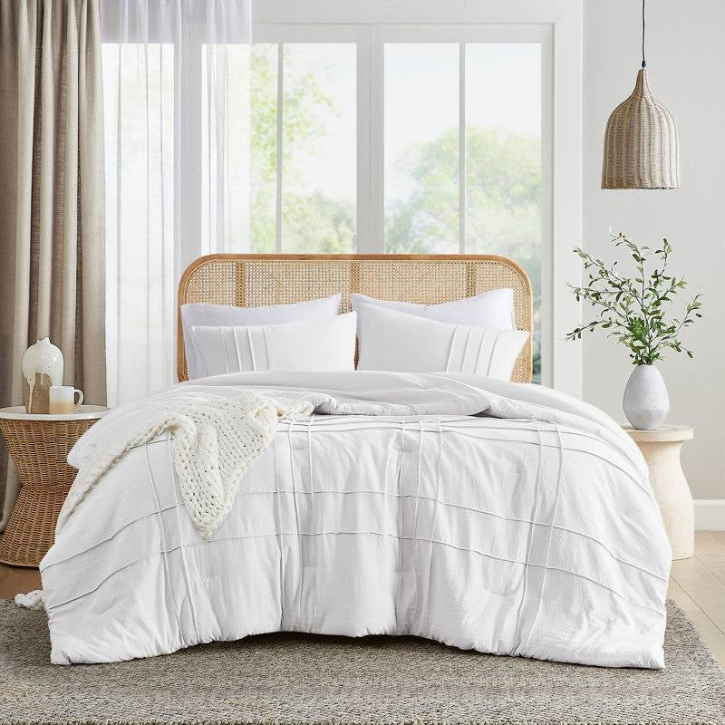 Full/Queen Size Microfiber Pleated Soft Washed Comforter Set White-0