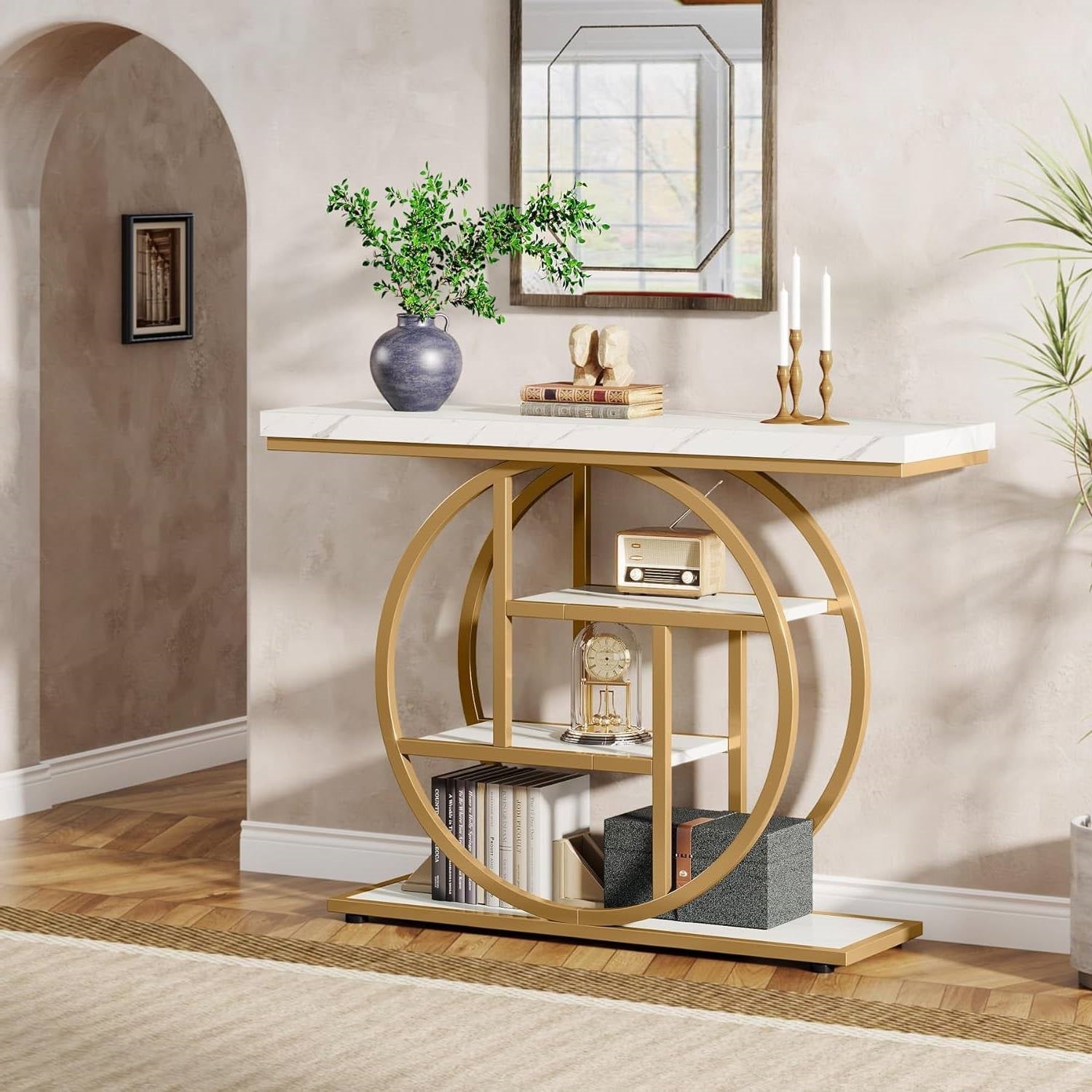 Modern Round Gold Metal Frame Foyer Console Table with White Faux Marble Shelves-1