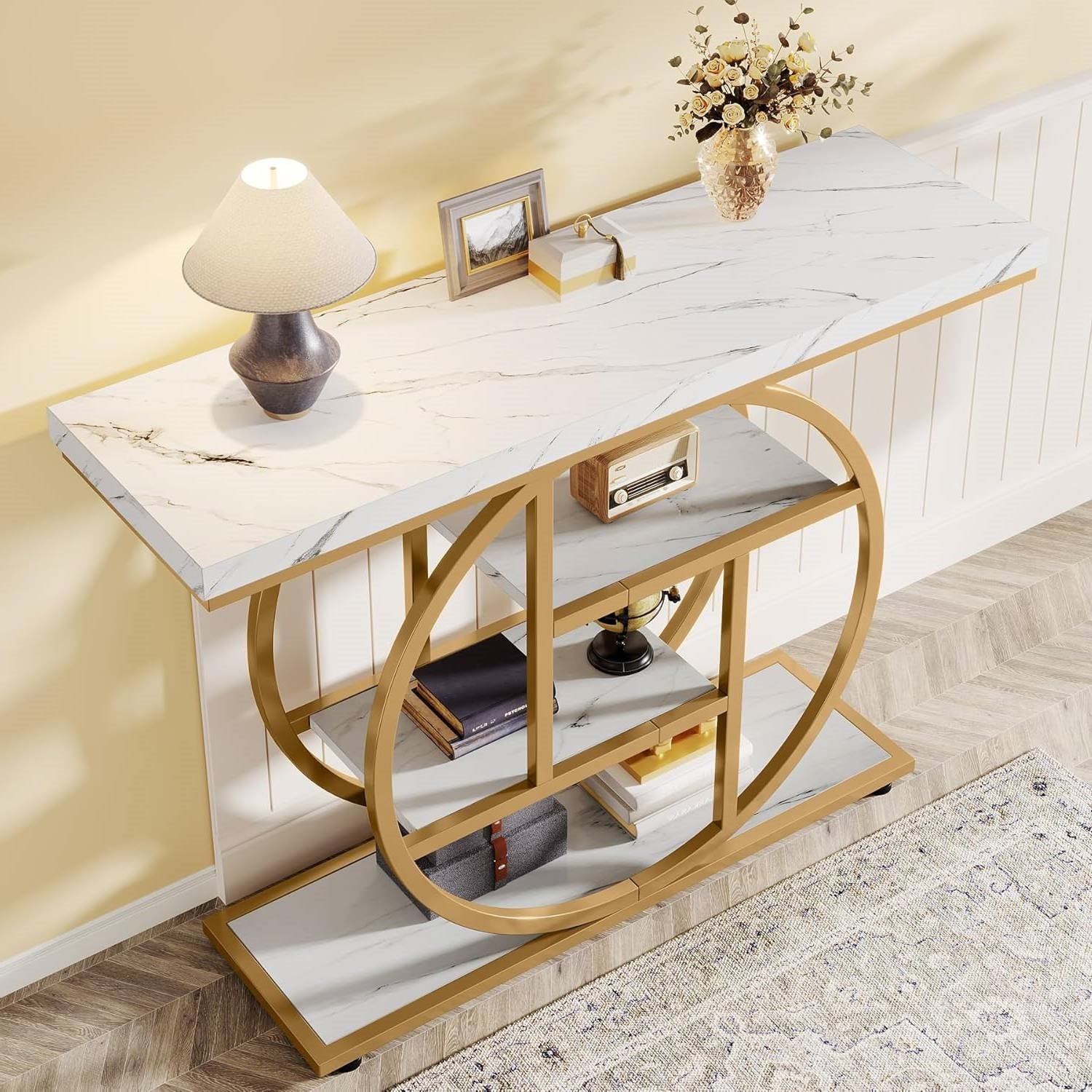 Modern Round Gold Metal Frame Foyer Console Table with White Faux Marble Shelves-3