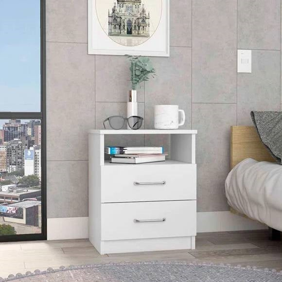 Modern 2-Drawer Nightstand with Open Shelf in White Wood Finish-3