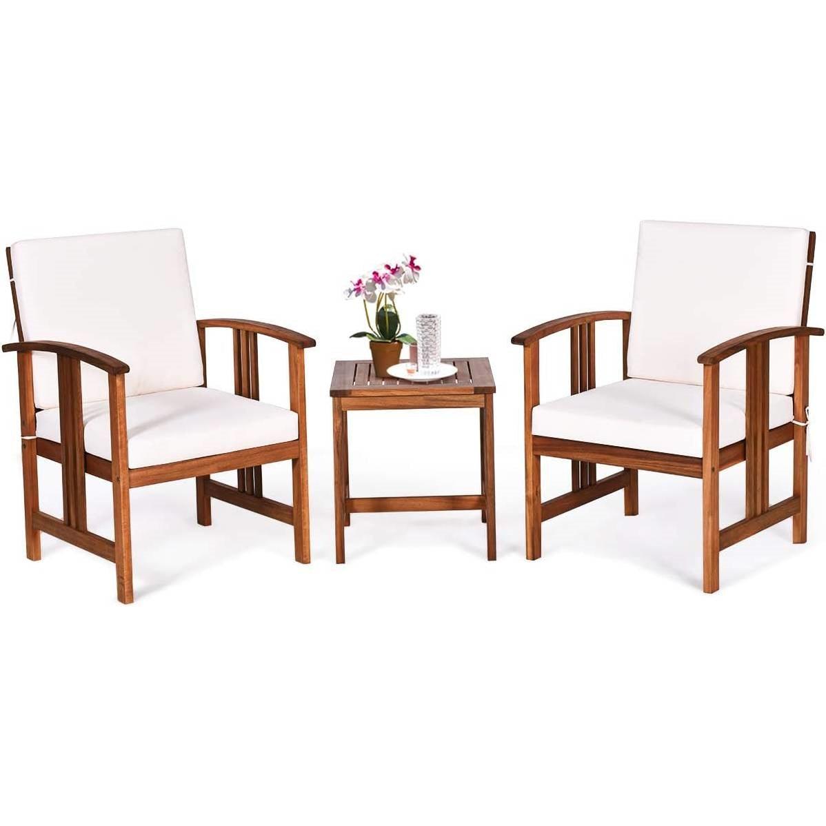 3-Piece Solid Wood Outdoor Patio Furniture Table Chairs Set with White Cushions - PRHOMZ