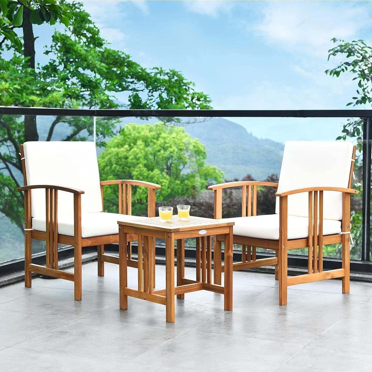 3-Piece Solid Wood Outdoor Patio Furniture Table Chairs Set with White Cushions - PRHOMZ