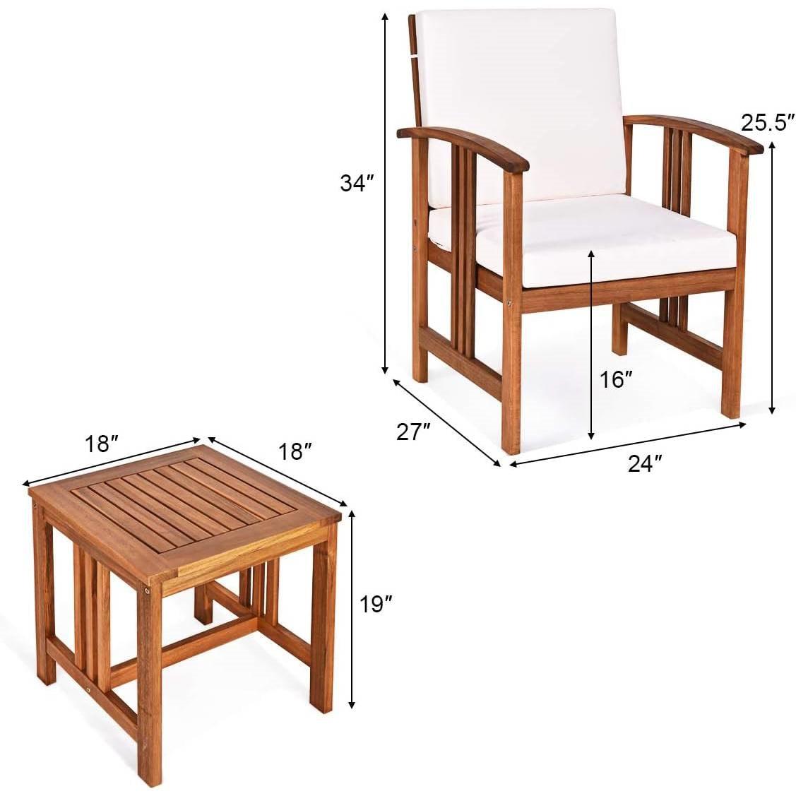 3-Piece Solid Wood Outdoor Patio Furniture Table Chairs Set with White Cushions - PRHOMZ