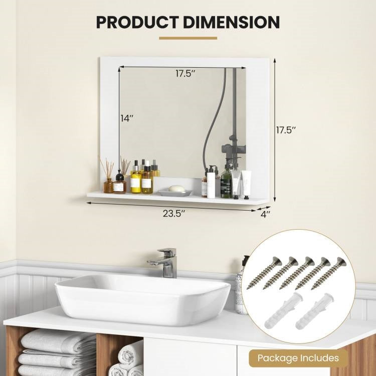 Rectangular Bathroom Wall Mirror with Storage Shelf and White Wood Frame-4