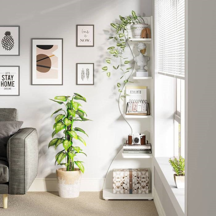 Modern Whimsical 5 Shelf Corner Bookcase Stand White Wood Finish-3