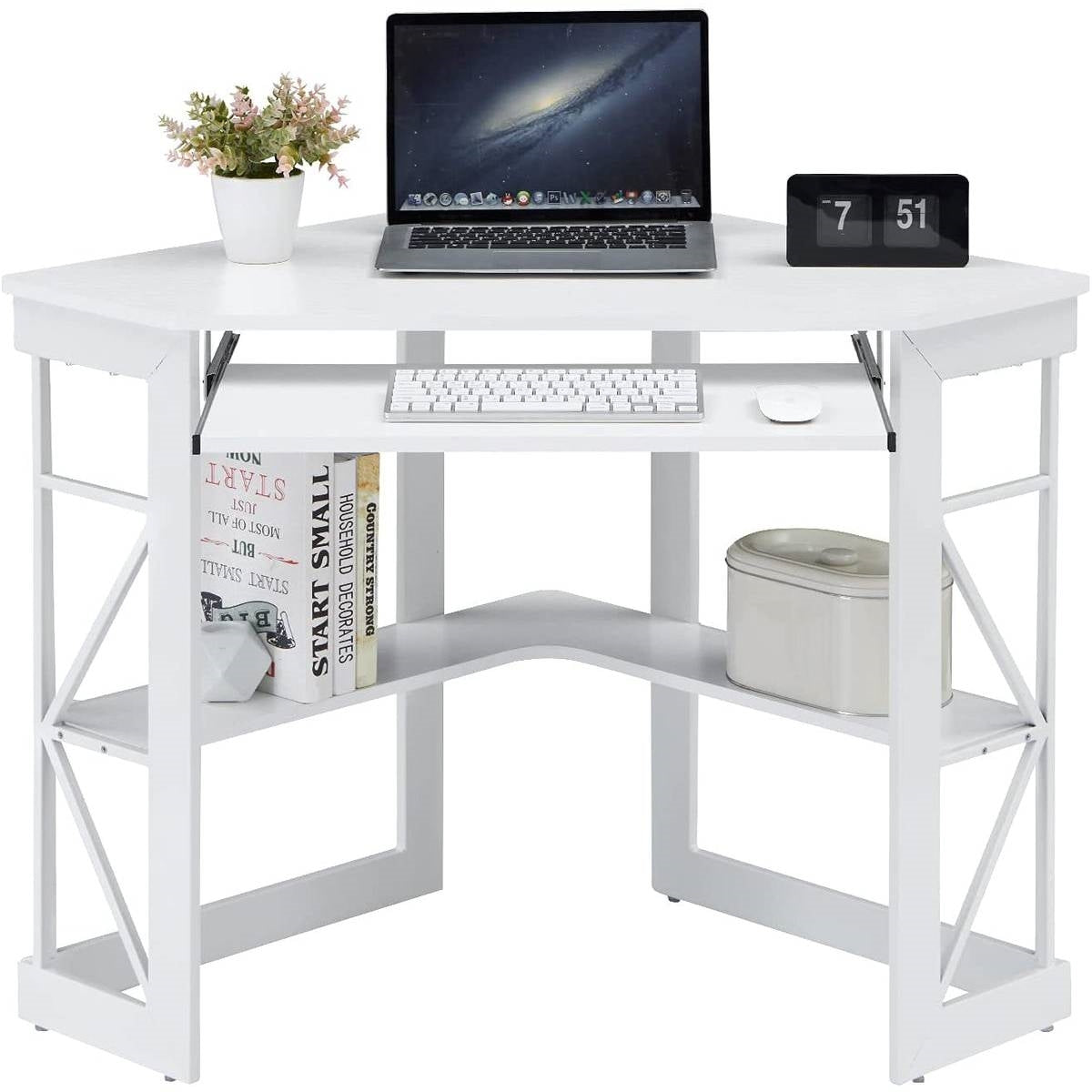 Corner Computer Desk with Keyboard Tray Storage Shelves in White-0