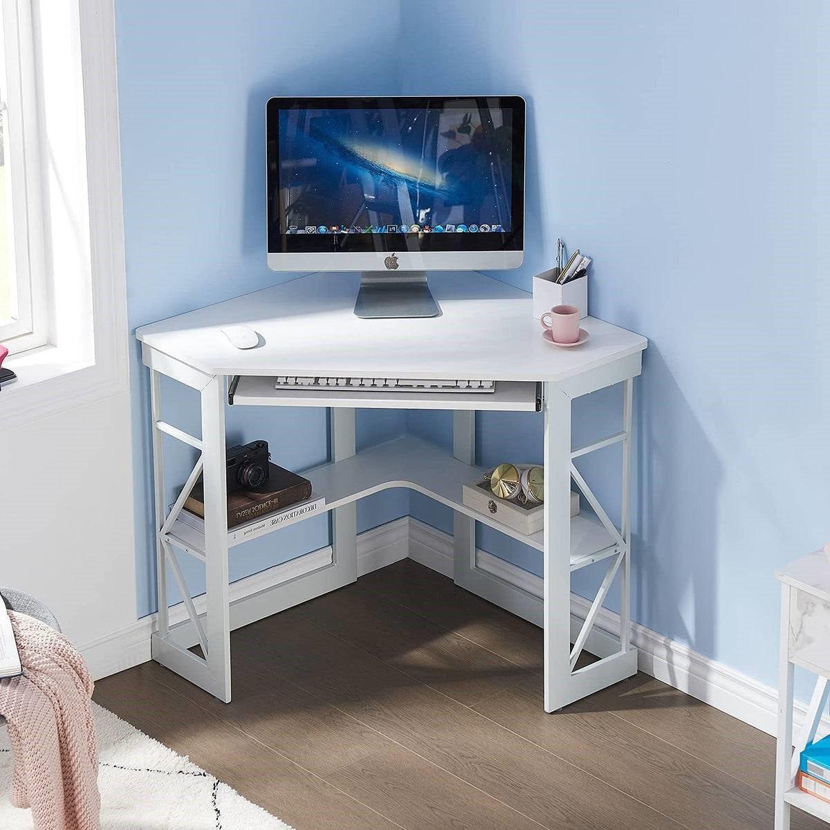 Corner Computer Desk with Keyboard Tray Storage Shelves in White-1