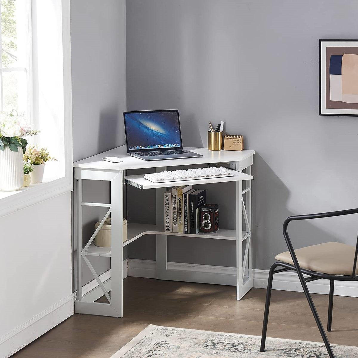 Corner Computer Desk with Keyboard Tray Storage Shelves in White-2