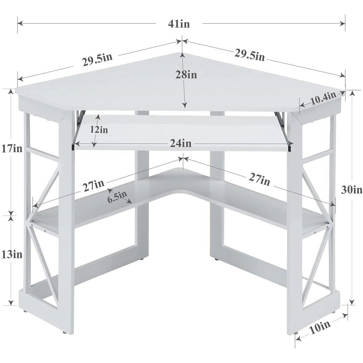 Corner Computer Desk with Keyboard Tray Storage Shelves in White-4