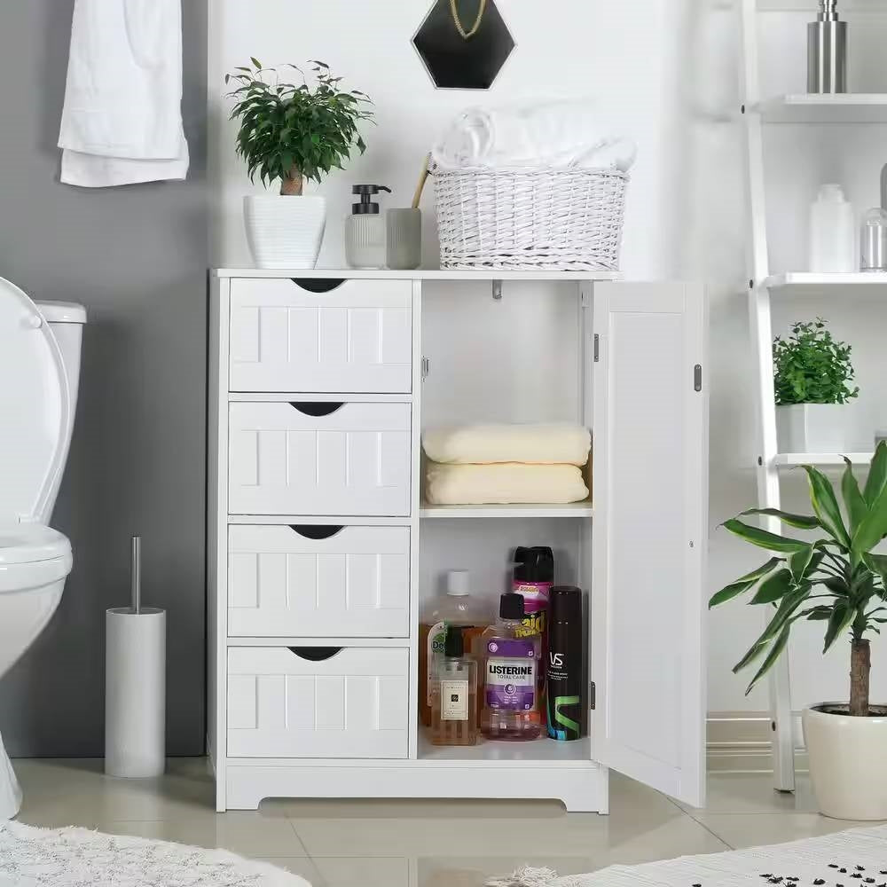Modern Farmhouse 4-Drawer Bathroom Linen Cabinet in White Wood Finish-0