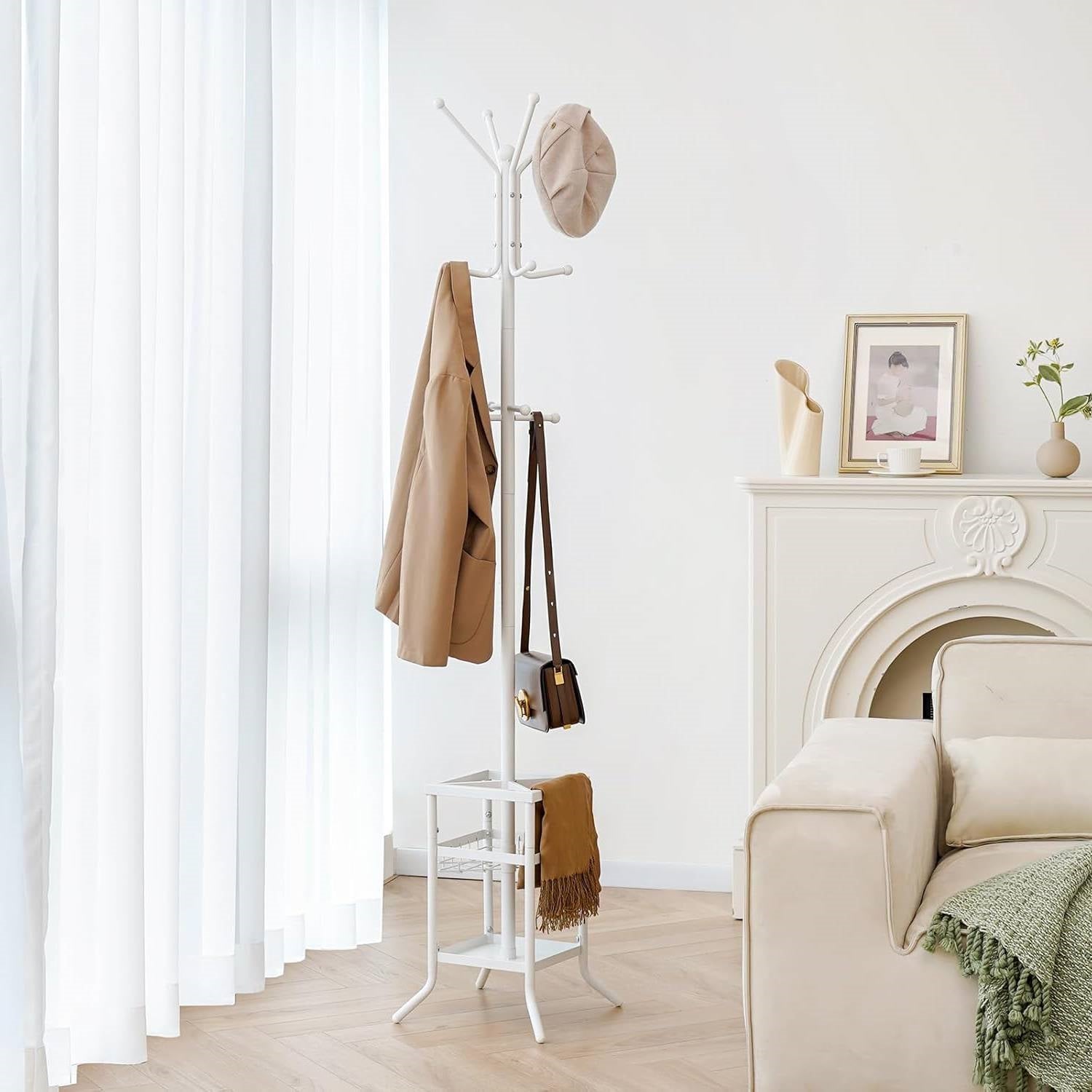 White Metal Coat Rack Entryway Hall Tree with Umbrella Holder-2