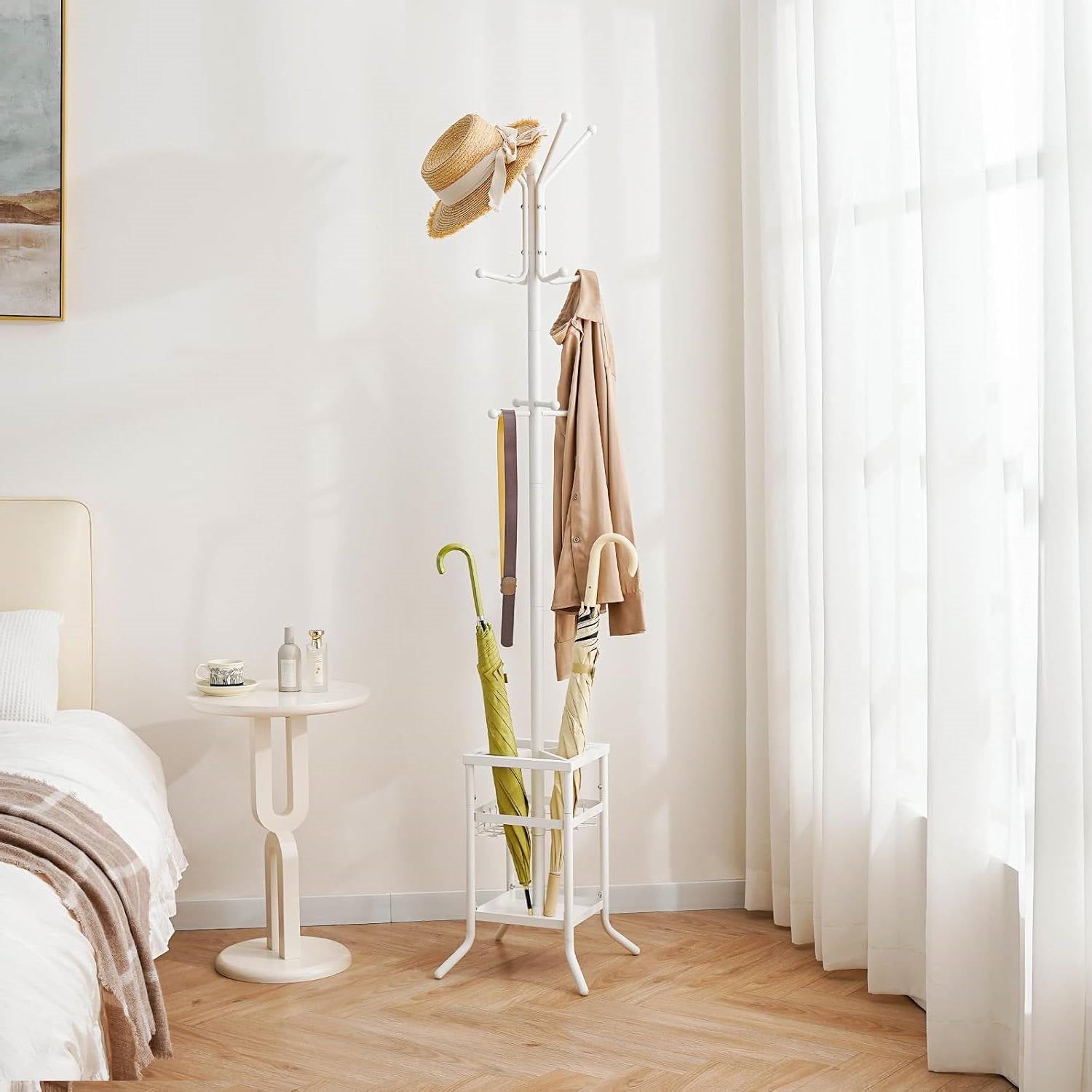 White Metal Coat Rack Entryway Hall Tree with Umbrella Holder-3