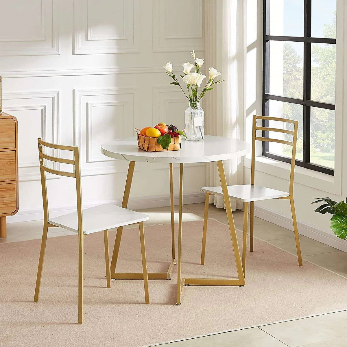 3-Piece Kitchen Dining Set with Round White Faux Marble-Top Table and 2 Chairs-3