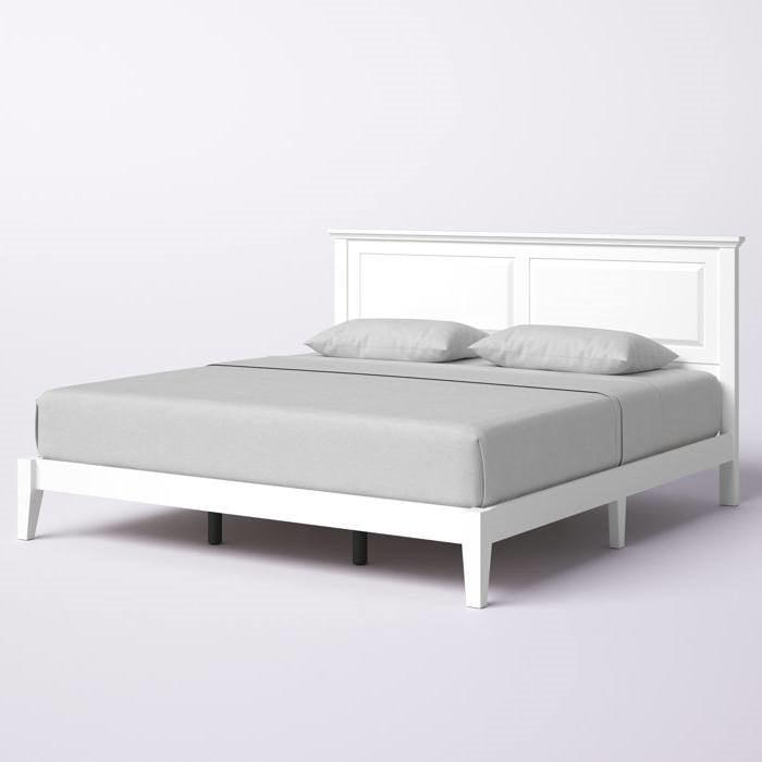 King Traditional Solid Oak Wooden Platform Bed Frame with Headboard in White - PRHOMZ