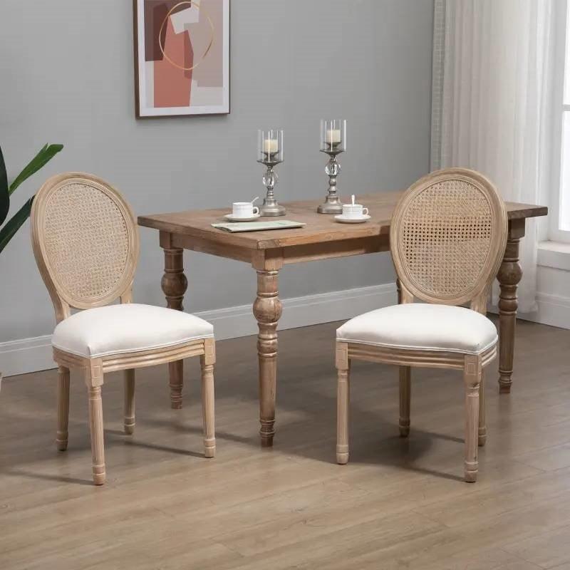 Set of 2 Vintage Upholstered Armless Rattan Back Dining Chairs Beige White - PRHOMZ