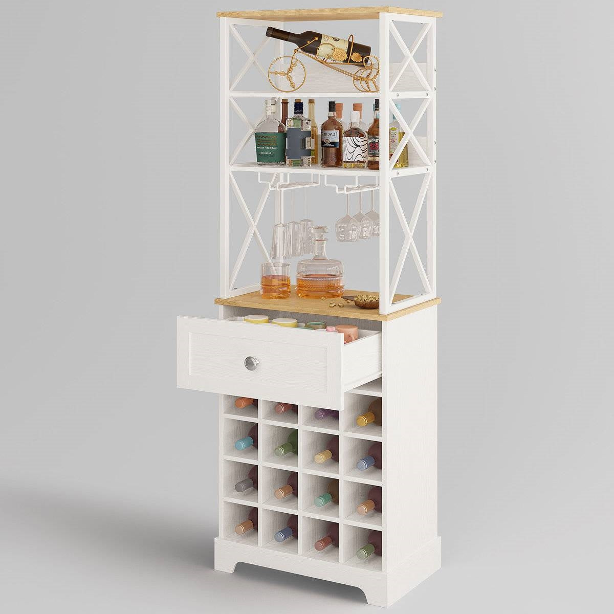 White/Natural Wine Bottle & Glass Rack Cabinet Bar Storage-0