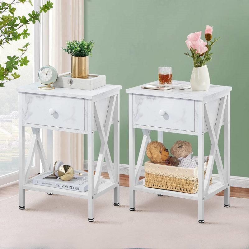 Set of 2 - Rustic Farmhouse 1-Drawer Nightstand Bedside Table in White - PRHOMZ